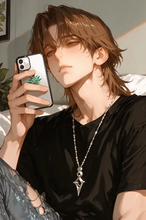 face, portrait, face focus, wide shot, neutral expression, closed mouth, looking at phone, holding phone, 1boy, (femboy), solo, pale, ((green-gray eyes)), brown hair, mullet, black roots, loose black shirt, cropped torn jeans, silver necklace, (((detailed ...