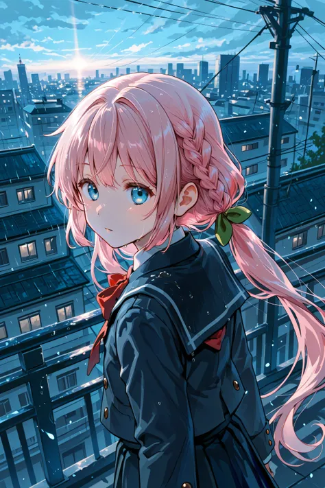 ultra resolution 8k Chuunibyou girl at school rooftop holding an umberlla in the rain lonely cinematic shot from the sideways wide angle standing near the edge