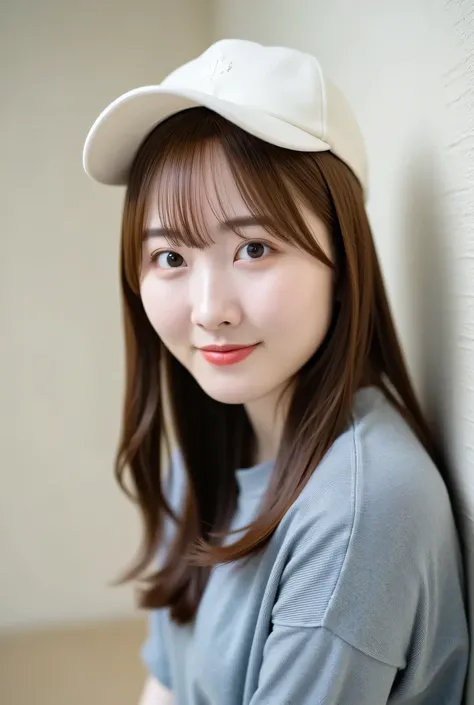 1girl,Gal,upper Body Shot,face focus, realistic,photorealistic:1.3,beautiful face,light brown hair,messy hair,asymmetrical bang,Neat clothes,(smile),(stare at viewers wearing tennis hats),Cinematic Writing,blurry background,(lean against the wall),small fa...