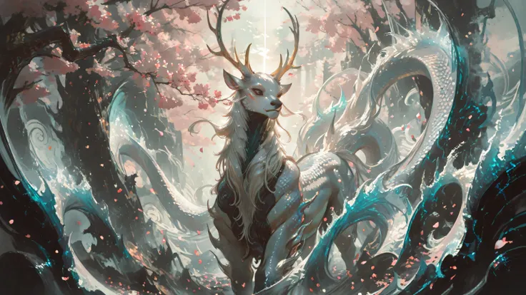 A legendary Qilin with a body covered in shimmering dragon-like scales, and majestic, deer-like antlers. Its flowing mane moves with the dynamic energy of Hokusai's wave patterns, each strand curling like a crashing tide. The creature stands amidst a storm...