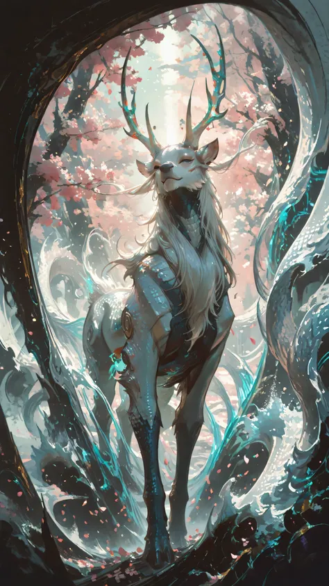 A legendary Qilin with a body covered in shimmering dragon-like scales, and majestic, deer-like antlers. Its flowing mane moves with the dynamic energy of Hokusai's wave patterns, each strand curling like a crashing tide. The creature stands amidst a storm...