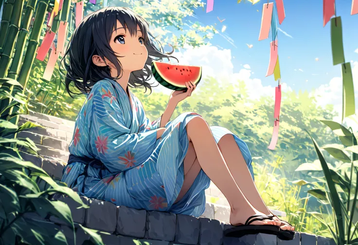 masterpiece, best quality, ultra-detailed, 8k, high resolution, Gentle colors, soft focus, dreamy background, White background, blue sky, Composition from a distance, Outdoor, A wide open space, Colorful Tanabata bamboo decorations, Shooting from the garde...