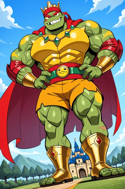 A green giant cartoon 2d frog king, gigantic chin, biggest muscular body, ginomous biceps enormous pectorals, golden bracelets with colorful jewels, golden necklaces with colorful jewels, golden chest, golden wrestler champions belt, Red headband. Golden w...