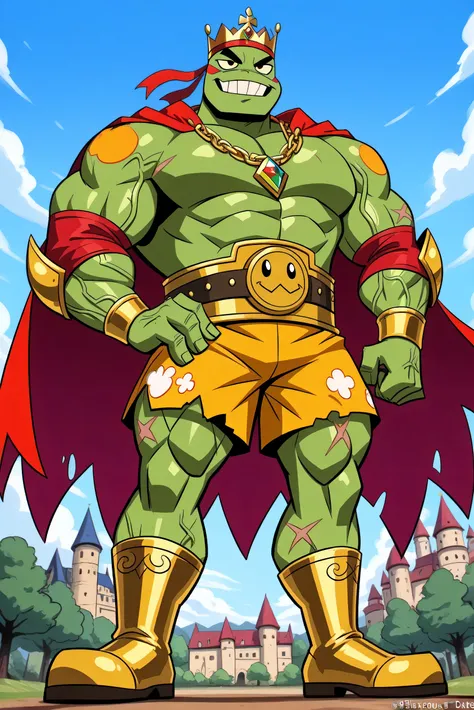 A green giant cartoon 2d frog king, gigantic chin, biggest muscular body, ginomous biceps enormous pectorals, golden bracelets with colorful jewels, golden necklaces with colorful jewels, golden chest, golden wrestler champions belt, Red headband. Golden w...