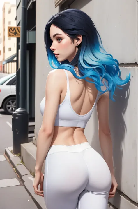 1girl in, 18, young Waifu, photo of perfect woman, Solo, Aesthetic artwork, (straight hair, black hair, blue ombre hair tips, color hair tips:1.25), (some small freckles, pale skin, large round breasts, DD-cup, runners body, very thin waist, skinny, petite...
