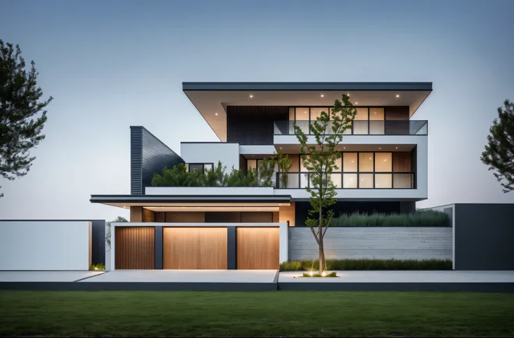 1 morden house, cofe space:1.4, main material by white wall and wood, large yard, 1 road runs in front of the house, (RAW photo, real, best quality, masterpiece:1.2), look morden minimalist, 1 road in front of the house, shime ring light, light brightenes...