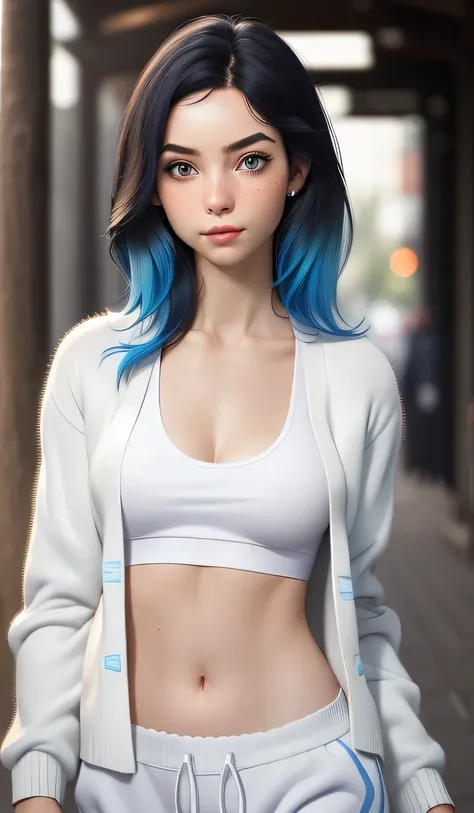 1girl in, 18, young Waifu, photo of perfect woman, Solo, Aesthetic artwork, (straight hair, black hair, blue ombre hair tips, color hair tips:1.25), (some small freckles, pale skin, large round breasts, DD-cup, runners body, very thin waist, skinny, petite...