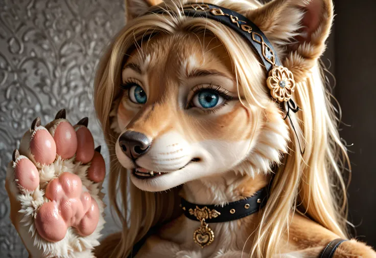 (8K, best quality, masterpiece, ultra high definition: 1.2, ultra realism), merveilleusement belle ippan_jeune femme, blond_cheveux, bleu_yeux, cheveux_accessoire, accessoire, cheveuxband, anthropomorphique, best quality, fourrure, pattepads, patte, griffe...