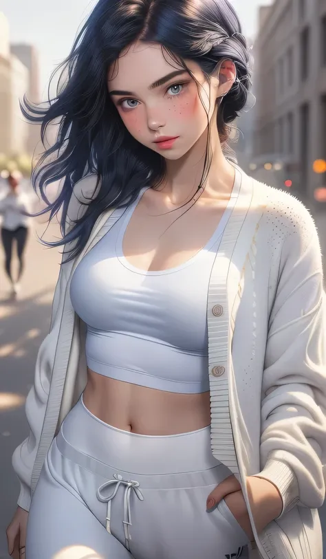 1girl in, 18, young Waifu, photo of perfect woman, Solo, Aesthetic artwork, (straight hair, black hair, blue ombre hair tips, color hair tips:1.25), (some small freckles, pale skin, large round breasts, DD-cup, runners body, very thin waist, skinny, petite...