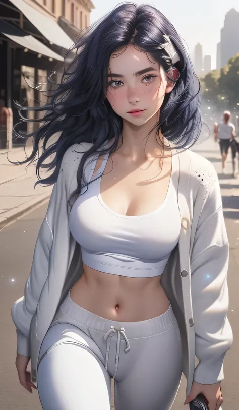 1girl in, 18, young Waifu, photo of perfect woman, Solo, Aesthetic artwork, (straight hair, black hair, blue ombre hair tips, color hair tips:1.25), (some small freckles, pale skin, large round breasts, DD-cup, runners body, very thin waist, skinny, petite...