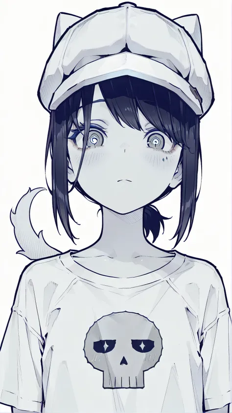 Minimalist line art of ghost Mita floating mid-air, large expressive eyes, short hair, hat,wavy tail details,upper body. Monochrome black/white design with thick clean outlines, centered composition. Front t-shirt print, isolated artwork --ar 2:3 --style r...