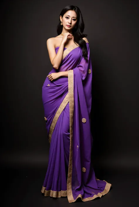 (masterpiece),(absurd resolution),No nsfw,Girl in purple designer Saree, gold border saree, without top,no blouse , erotic, bridal look, after marraige, at first night,  removing gold jewellary, long hair one side, watching camera,full length image, from h...