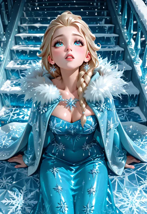 "Elsa sitting on a frozen staircase, spreading a soft fur cloak open to reveal her bare chest and icy-themed jewelry, looking up with parted lips and misty breath in the cold air."