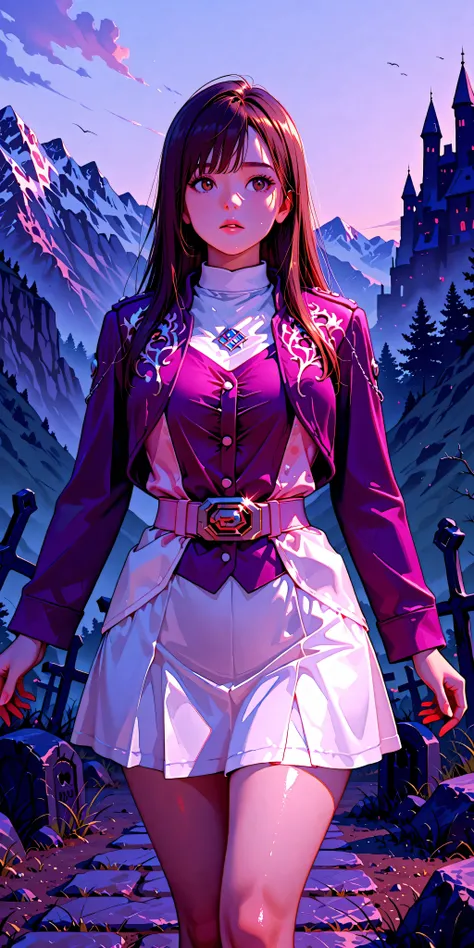 (High definition CG), (top quality),Dark Graveyard,Rocky Mountain,run away,((1 woman in the body)),perfect face,  wide hips, thin waist,  ,purple bolero jacket,(((white skirt))),long sleeve, Pink Belt,   straight and long hair , brown hair, anxious express...