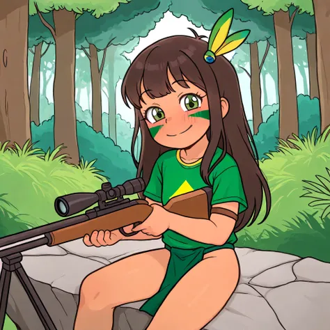 CASY8TAY, Forest, (solo, hambubufon, hambubufon 2, hambubufon 3, Best quality::2.5, artwork::2.5, Masterpiece::2.5, beautiful details, detailed eyes, eyelashes), (1loli, Young girl, kuruminha, Long shirt, Brazilian shirt, feather hair ornament, facepaint:1...