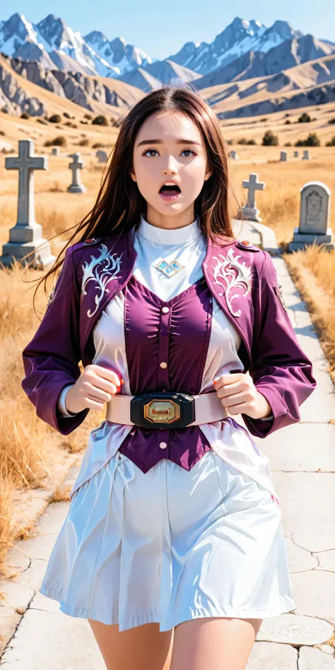 (High definition CG), (top quality),Cemetery,Rocky Mountain,run away,((1 woman in the body)),perfect face, wide hips, thin waist, ,purple bolero jacket that opens your eyes and mouth just a little,(((white skirt))),long sleeve, Pink Belt, straight and ...