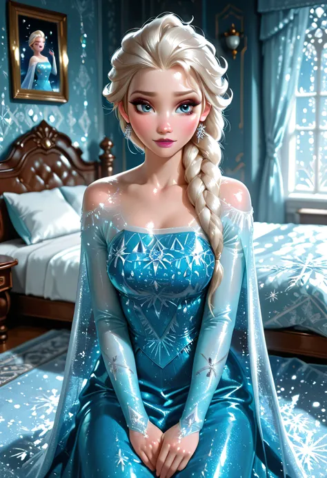 Elsa from Frozen, blue eyes, shiny skin, glossy skin, bedroom of a palace, 
intricate details, (ultra-realistic:1.05), (high saturation:1.05), (high contrast:1.05), 35mm raw photo, 
embedding:Style-EMCG.pt, 