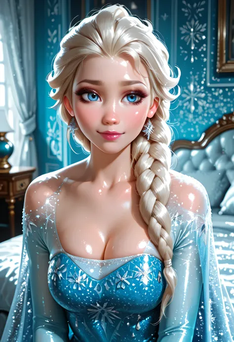 Elsa from Frozen, blue eyes, shiny skin, glossy skin, bedroom of a palace, 
intricate details, (ultra-realistic:1.05), (high saturation:1.05), (high contrast:1.05), 35mm raw photo, 
embedding:Style-EMCG.pt, 