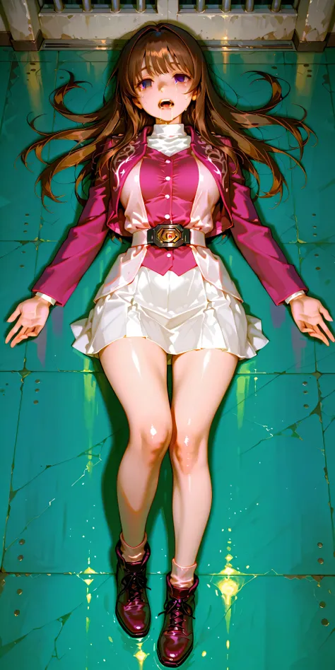(High definition CG), (top quality), ((direct point of view)),Inside a Dark Prison,lies on the ground on her back,1 woman in the body,perfect face,  wide hips, thin waist,  ,purple bolero jacket,((white skirt)),long sleeve, Pink Belt,   straight and long h...