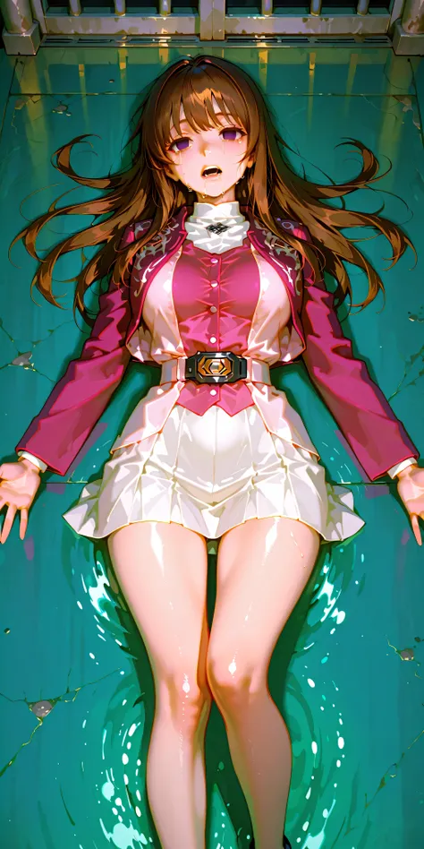 (High definition CG), (top quality), ((direct point of view)),Inside a Dark Prison,lies on the ground on her back,1 woman in the body,perfect face,  wide hips, thin waist,  ,purple bolero jacket,((white skirt)),long sleeve, Pink Belt,   straight and long h...