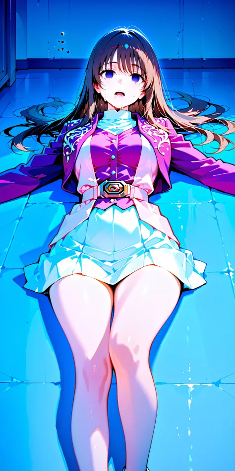 (High definition CG), (top quality), ((direct point of view)),Inside a Dark Prison,lies on the ground on her back,1 woman in the body,perfect face,  wide hips, thin waist,  ,purple bolero jacket,((white skirt)),long sleeve, Pink Belt,   straight and long h...