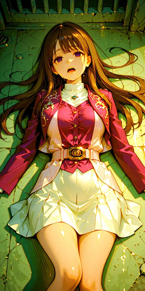 (High definition CG), (top quality), ((direct point of view)),Inside a Dark Prison,lies on the ground on her back,1 woman in the body,perfect face,  wide hips, thin waist,  ,purple bolero jacket,((white skirt)),long sleeve, Pink Belt,   straight and long h...