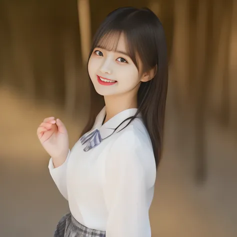 (highest quality, masterpiece, high resolution:1.2), 4K, (Too beautiful (Japanese photo model) is laughing and looking at the viewer), (pure and neatest), (Pristine white silk blouse, Demure atmosphere, Mid-length navy plaid skirt, cutest striped shiny blu...