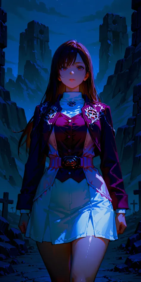 (High definition CG), (top quality),Dark Graveyard,Rocky Mountain,run away,((1 woman in the body)),perfect face,  wide hips, thin waist,  ,purple bolero jacket,(((white skirt))),long sleeve, Pink Belt,   straight and long hair , brown hair, anxious express...