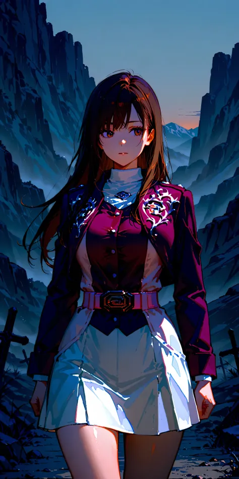 (High definition CG), (top quality),Dark Graveyard,Rocky Mountain,run away,((1 woman in the body)),perfect face,  wide hips, thin waist,  ,purple bolero jacket,(((white skirt))),long sleeve, Pink Belt,   straight and long hair , brown hair, anxious express...