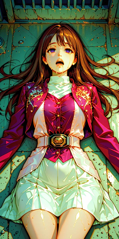 (High definition CG), (top quality), ((direct point of view)),Inside a Dark Prison,lies on the ground on her back,1 woman in the body,perfect face,  wide hips, thin waist,  ,purple bolero jacket,((white skirt)),long sleeve, Pink Belt,   straight and long h...