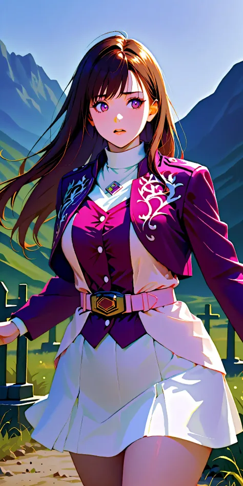 (High definition CG), (top quality),Dark Graveyard,Rocky Mountain,run away,((1 woman in the body)),perfect face, wide hips, thin waist, ,purple bolero jacket,(((white skirt))),long sleeve, Pink Belt, straight and long hair , brown hair, anxious express...