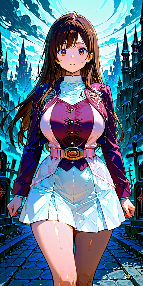 (High definition CG), (top quality),Dark Graveyard,Rocky Mountain,run away,((1 woman in the body)),perfect face, wide hips, thin waist, ,purple bolero jacket,(((white skirt))),long sleeve, Pink Belt, straight and long hair , brown hair, anxious express...