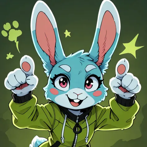 [Testing*] [Artist Style] - By_waywardmutt, chibi, flat_colors, cute, solo, (KuroRabbi, rabbit, anthro, DTkr, furs, buckteeth, slender, blue fur, paw), (stickers style), cute pose/angle/closer/new, white_outlinner, jacket white/green_sides. hand(4_fingers)...