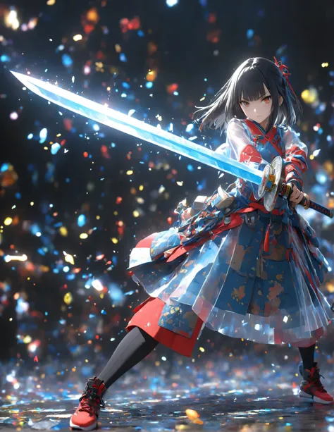 battoujutsu sword stance, ready to draw,(masterpiece, detailed:1.2)、ember,incoming horizontal sword attack,holding sword,solo,bangs,3DMM,negativeXL_D,名画、高画質、高解像度、16K、3D、新海誠のイラスト、緻密に描き込まれた背景、色彩鮮やか、デジタルペイント、長いまつ毛、真剣な表情、鋭い眼光、白金ポニーテール、制服、ハイパーリアリスティック, デジタルペインテ...