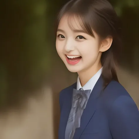 zinomy,(highest quality, masterpiece, high resolution:1.2), 4K, (Too beautiful (Japanese fashion magazine model) is laughing and inviting the viewer: 1.0), (((Pristine)) blazer-style navy uniform, 165cm height, Demure atmosphere, Mid-length navy plaid skir...