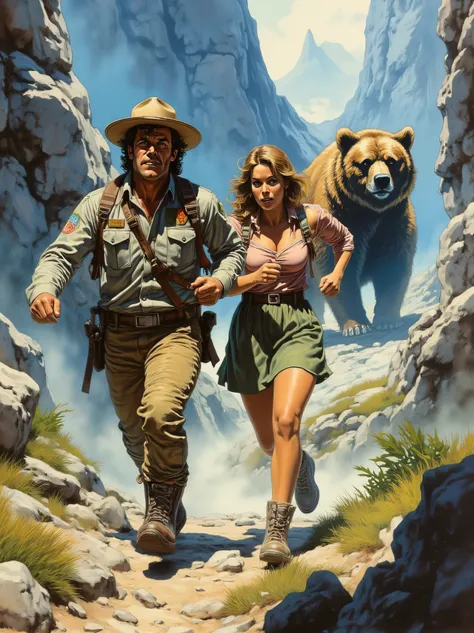 Mountain Ranger wearing typical American ranger clothes runs with a faux, his partner in skirt and blouse through the Rock Mountains, In the background, a grizzly bear