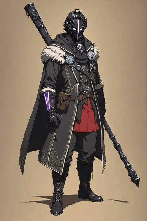 ArsMovieStill, Gothic Dark Fantasy movie still,Bl4ckR4ven4rmor, armor, black robe, bracers, boots, red waist curtain, fur shoulder armor, helmet, glowing eyes,Bondrewd, male, black coat, overcoat, ascot, black gloves, helmet, masked, long sleeves, black bo...