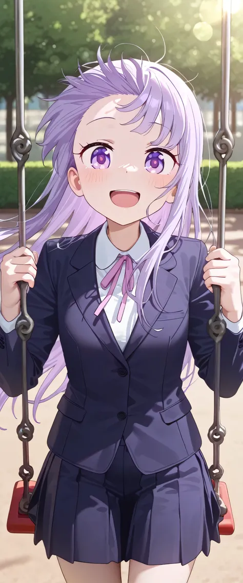 ((Standing on the swing)),(beautiful girl: 1.3),Highest quality,8k,Highly detailed CG unit wallpaper,masterpiece:1.2,top-quality,Ultra-high resolution,RAW Photos,real texture skin,1girl,solo,Aoba SUZUKAZE,purple hair, long hair, small breasts,smile,Tilting...