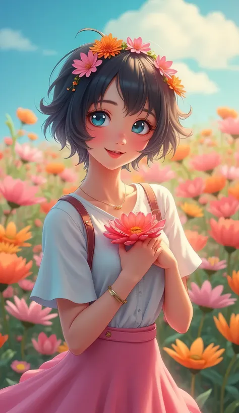 highdefinition images、Funny Woman,Attractive Young Woman, Floral Hair Decoration、 blue eyes, Pink Short Skirt, White Shirt, 　Big Flower々, In Front of a Park Flower Bed, 