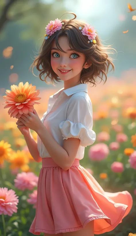 highdefinition images、Funny Woman,Attractive Young Woman, Floral Hair Decoration、 blue eyes, Pink Short Skirt, White Shirt, 　Big Flower々, In Front of a Park Flower Bed, 