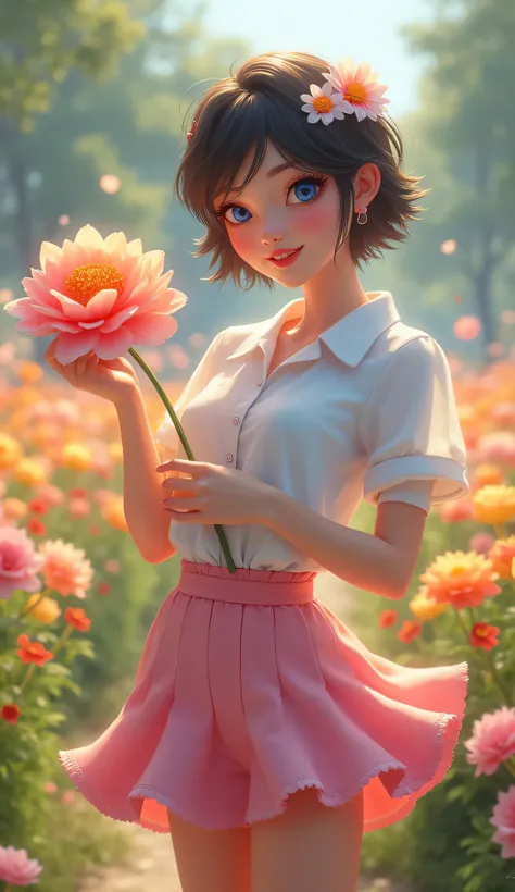 highdefinition images、Funny Woman,Attractive Young Woman, Floral Hair Decoration、 blue eyes, Pink Short Skirt, White Shirt, 　Big Flower々, In Front of a Park Flower Bed, 