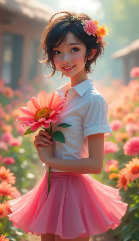 highdefinition images、Funny Woman,Attractive Young Woman, Floral Hair Decoration、 blue eyes, Pink Short Skirt, White Shirt, 　Big Flower々, In Front of a Park Flower Bed, 