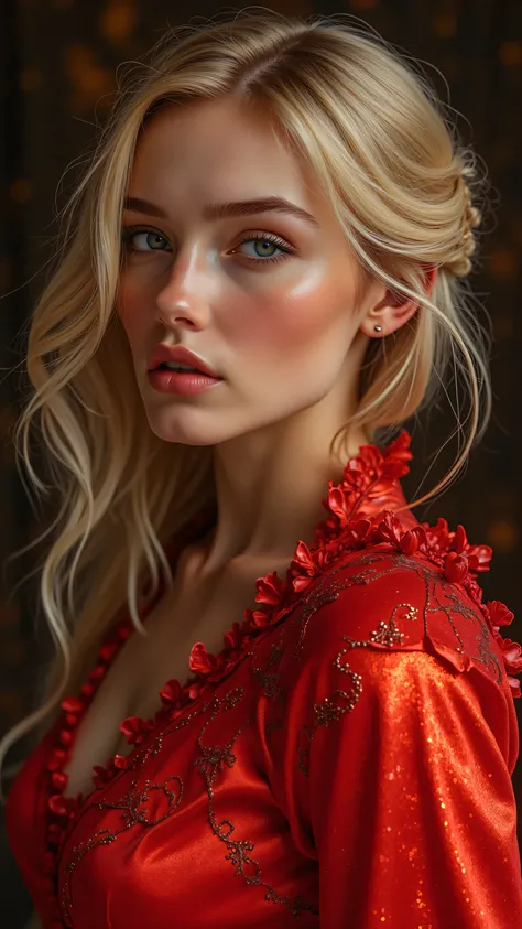 Beautiful blonde girl in high definition、Oil Enamel、beautiful woman、彼女の魔法のような赤い衣装を身にまとっています♪まるでbeautiful woman。Witch image photo。It's magic