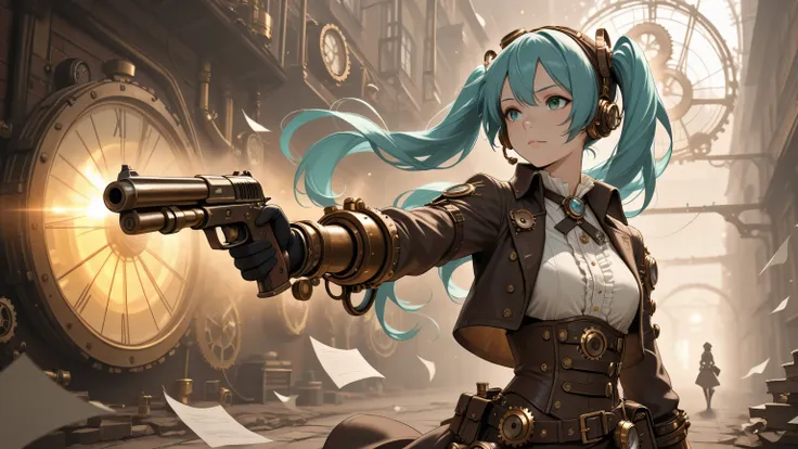 (masterpiece), (best quality), (very detailed), (steampunk), Hatsune Miku holding a gun,dynamic lighting,HDR,paper is shaking in the wind