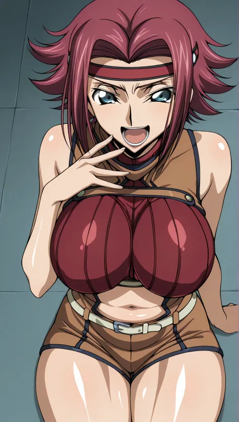  code gias: Lelouch of the Rebellion/Kallen Stadtfeld, blue eyes, Red hair, short hair,
Red hair, spiked hair, short hair, side lock, blue eyes, Red Headband, bare skin shoulders, red turtleneck from above, sleeveless turtleneck, Brown Jumpsuit, , belly bu...
