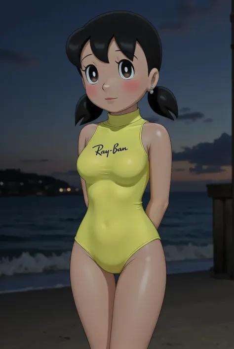 Small cute Front posing, Wearing Scarf neck tie, Front posing, SUPER SKINNY, (Thighs and calves small muscles), (((MOODY FACE EXPRESSION))), wearing Scoop Neck Sleeveless 'RayBan logo brand print' neon yellow Bodysuits singlet swimsuit, (KEDUA BELAH TANGA...