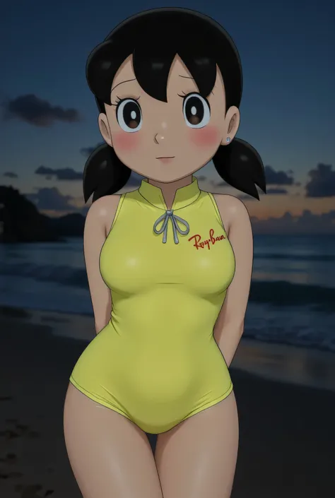 Small cute Front posing, Wearing Scarf neck tie, Front posing, SUPER SKINNY, (Thighs and calves small muscles), (((MOODY FACE EXPRESSION))), wearing Scoop Neck Sleeveless 'RayBan logo brand print' neon yellow Bodysuits singlet swimsuit, (KEDUA BELAH TANGA...