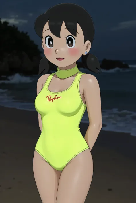 Small cute Front posing, Wearing Scarf neck tie, Front posing, SUPER SKINNY, (Thighs and calves small muscles), (((MOODY FACE EXPRESSION))), wearing Scoop Neck Sleeveless 'RayBan logo brand print' neon yellow Bodysuits singlet swimsuit, (KEDUA BELAH TANGA...