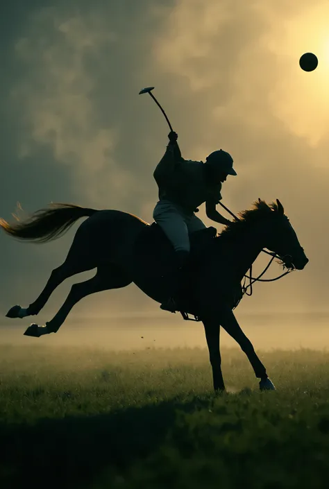 A JUDER AND HIS POLO HORSE JUMPING ONLY THE BLACK SILHOUETTE OR SHADOW FROM THE SIDE AS IF HITTING THE BALL 