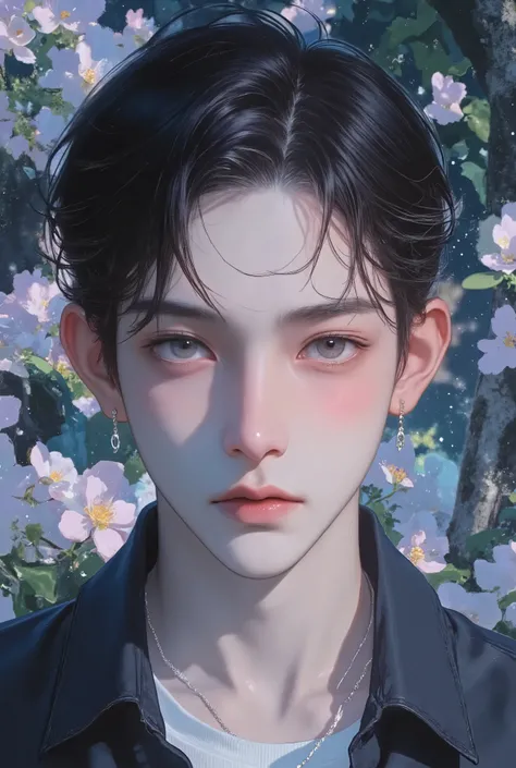 ( nonsense, high resolution , Detail ), (1 person, adult , ความเป็น adult , tall man , Broad shoulders, handsome), Wavy Medium Hair , ( square jaws , voiceless words , Thick groove ), Break, Forest, Fantasy, , very detailed face , , the upper part of the b...